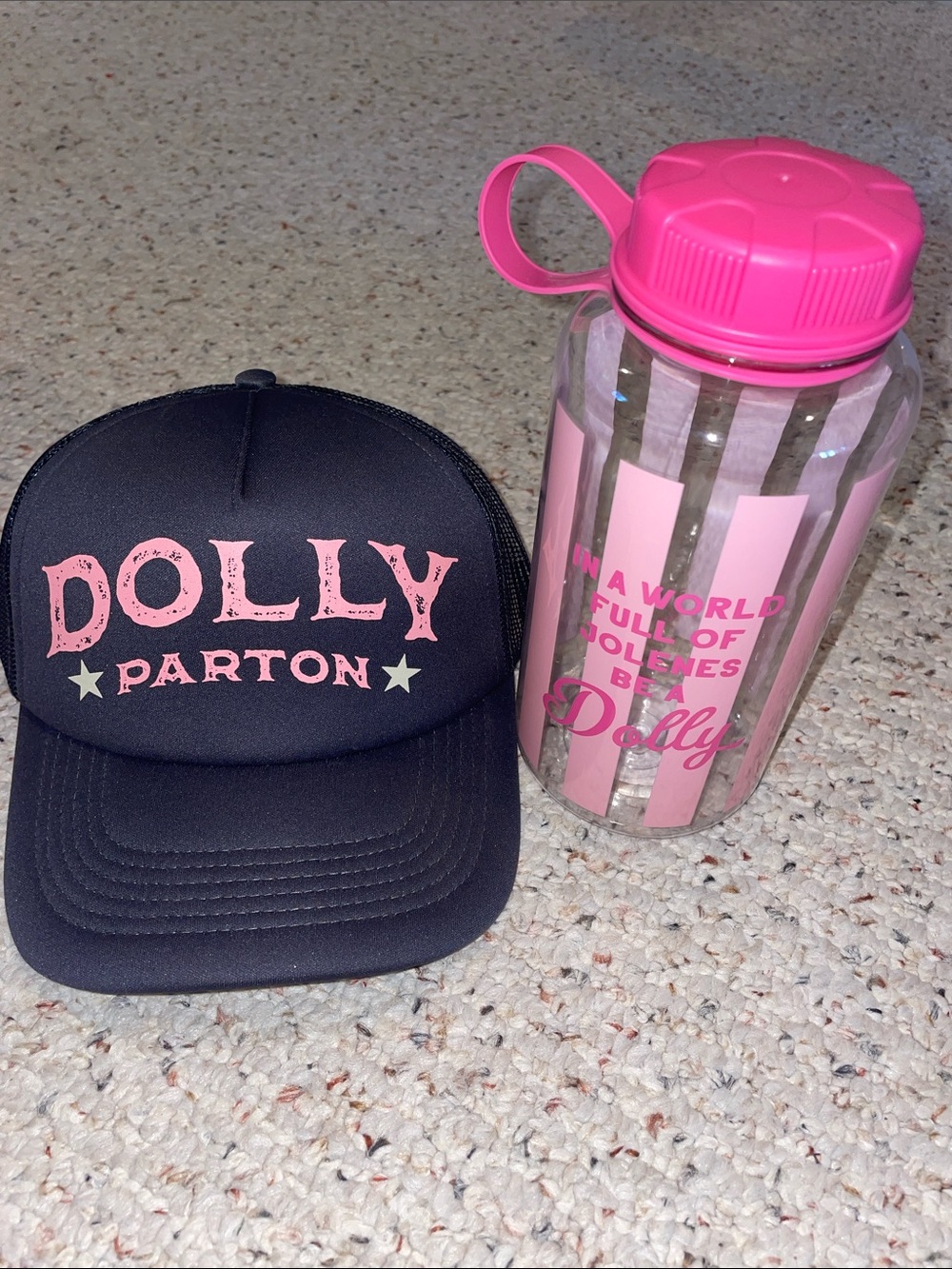 Dolly Parton Black and Pink Trucker Hat & water bottle